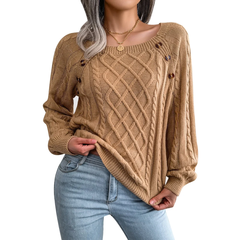 Women Sweater Round Neck Button Long Sleeve Fashionable Casual Sweater for Lady Dating Khaki M