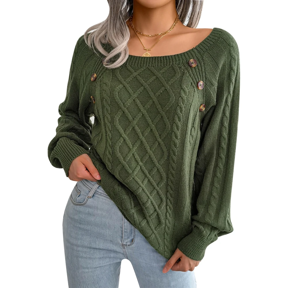 Women Sweater Round Neck Button Long Sleeve Fashionable Casual Sweater for Lady Dating OD Green M