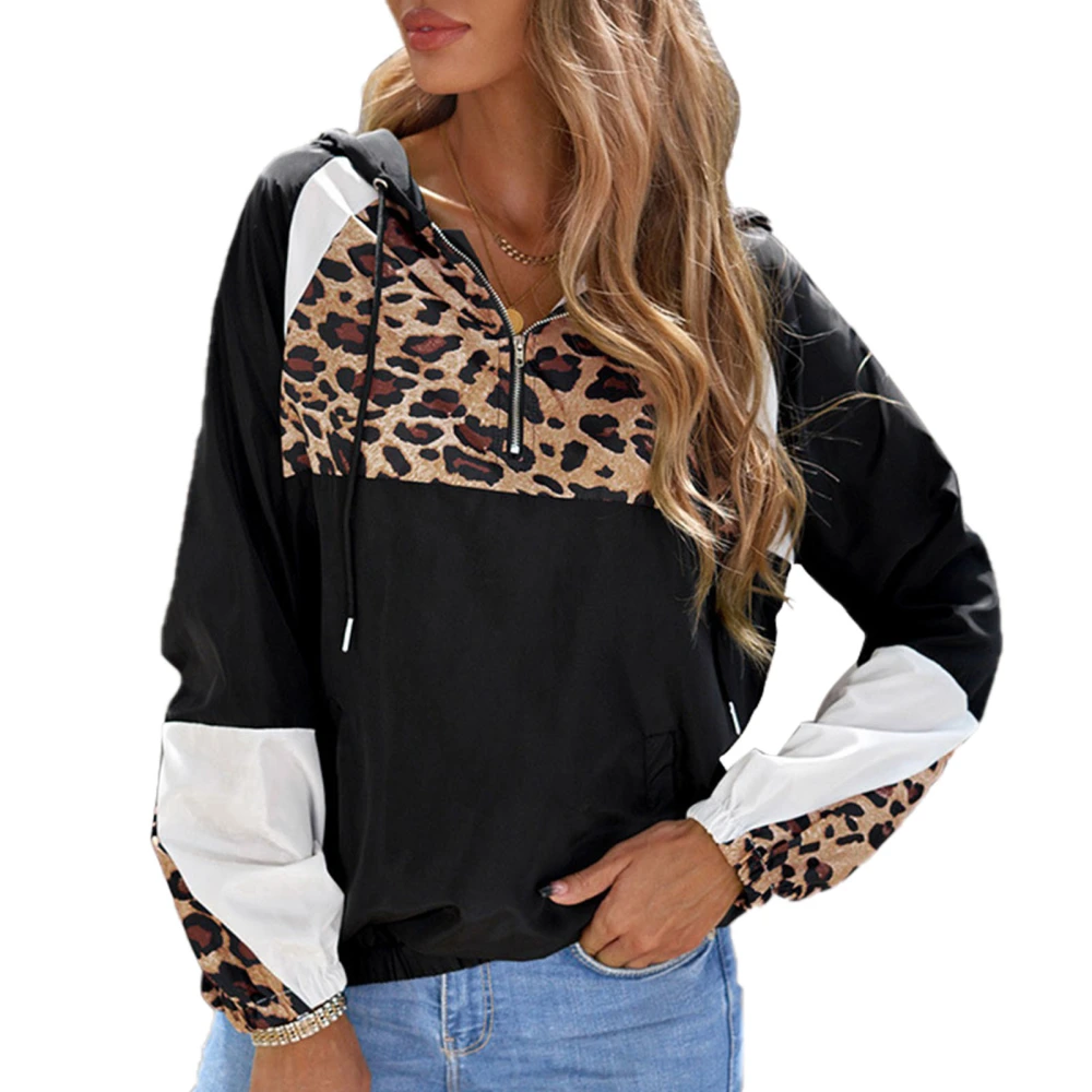 Hoodie Leopard Print Color Blocking Drawstring Zipper Long Sleeve Casual Tops for Women Black L