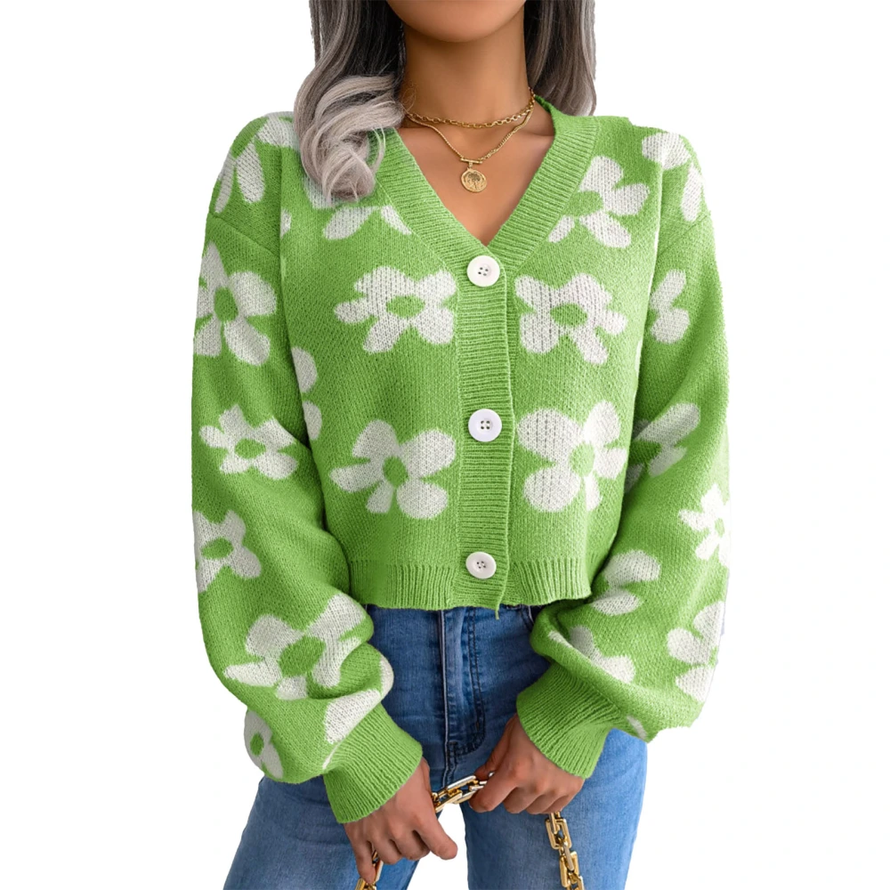 Short Cardigan Sweater Floral Print Puff Long Sleeve V Neck Single Breasted Sweater Top for Women Green S