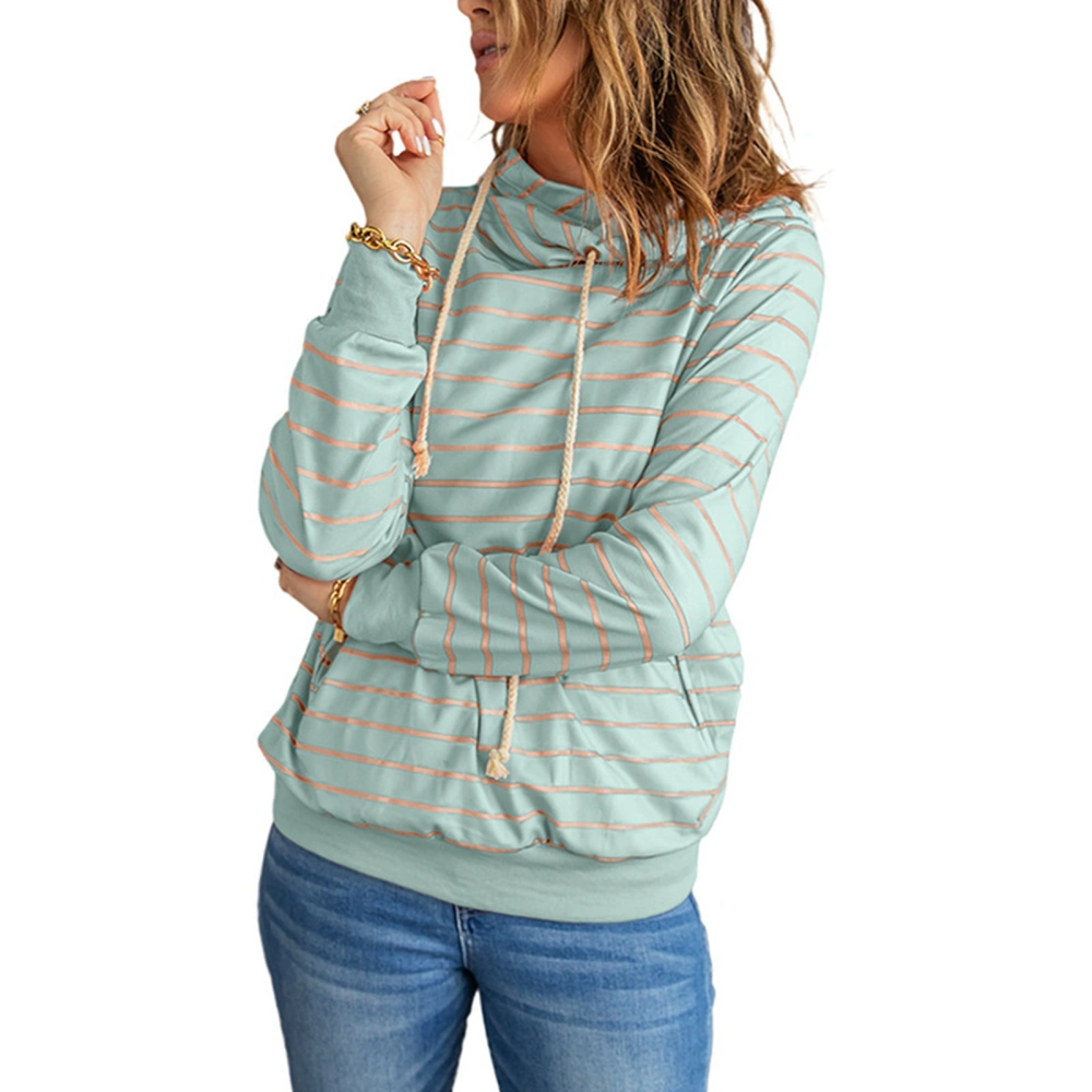 Casual Women Hoodie Comfortable Long Sleeve Striped Drawstring Striped Pullover Top for Daily Wear Green L