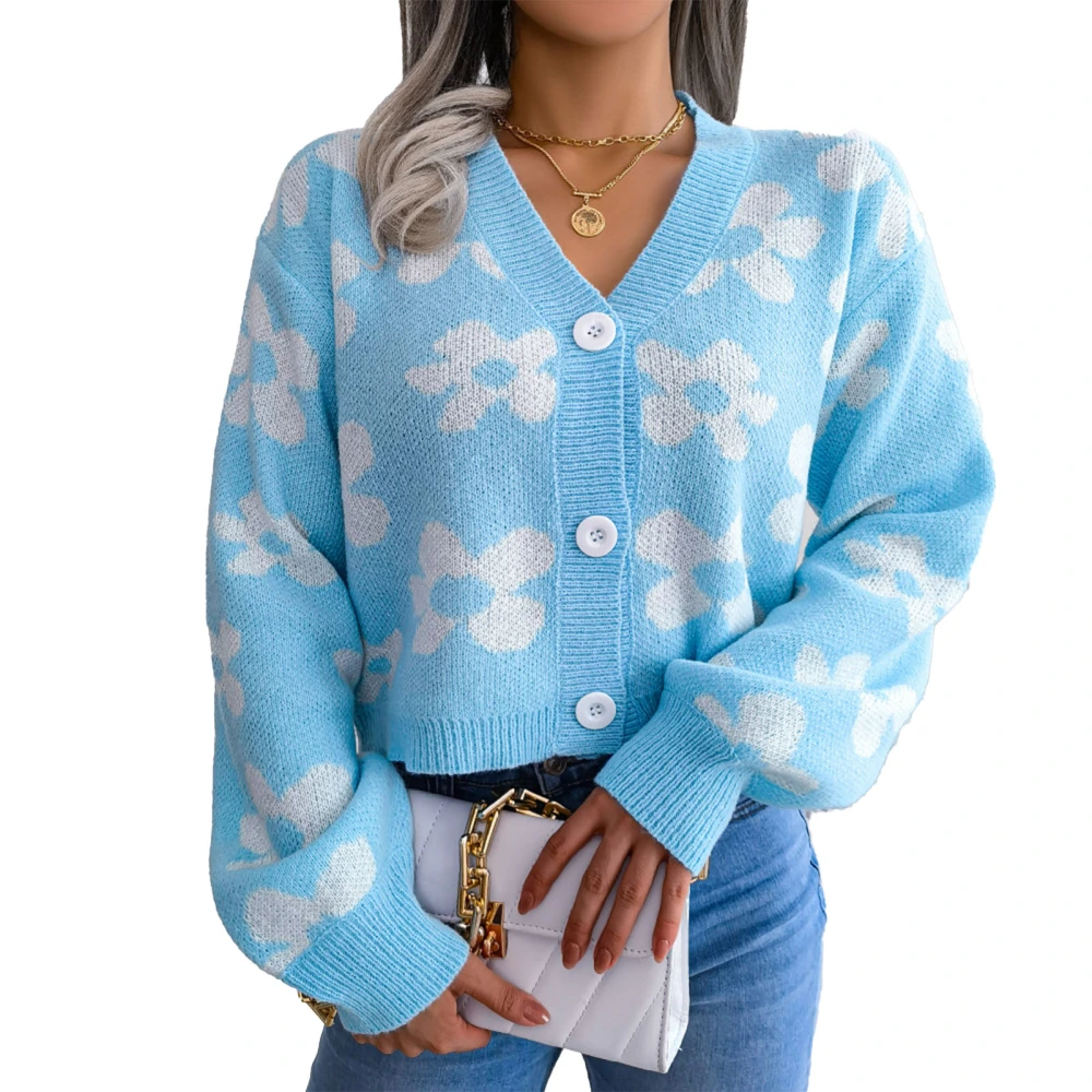 Short Cardigan Sweater Floral Print Puff Long Sleeve V Neck Single Breasted Sweater Top for Women Blue M