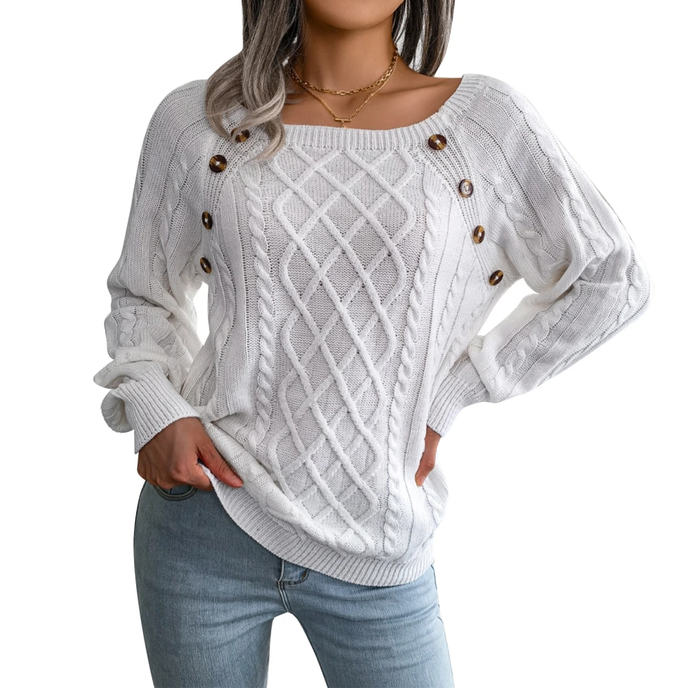 Women Sweater Round Neck Button Long Sleeve Fashionable Casual Sweater for Lady Dating White M