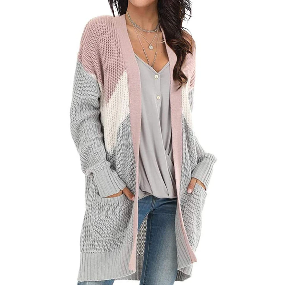 Woman Long Sleeve Knitted Sweater Cardigan Color Block Open Front Casual Outwear Pink L