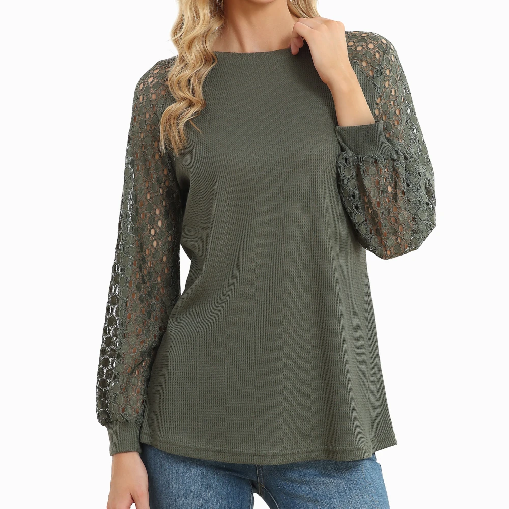 Hollow Lace Splicing Long Sleeve Shirt Women Fashionable Loose Casual Pure Color Crewneck Blouse Tops OD Green M