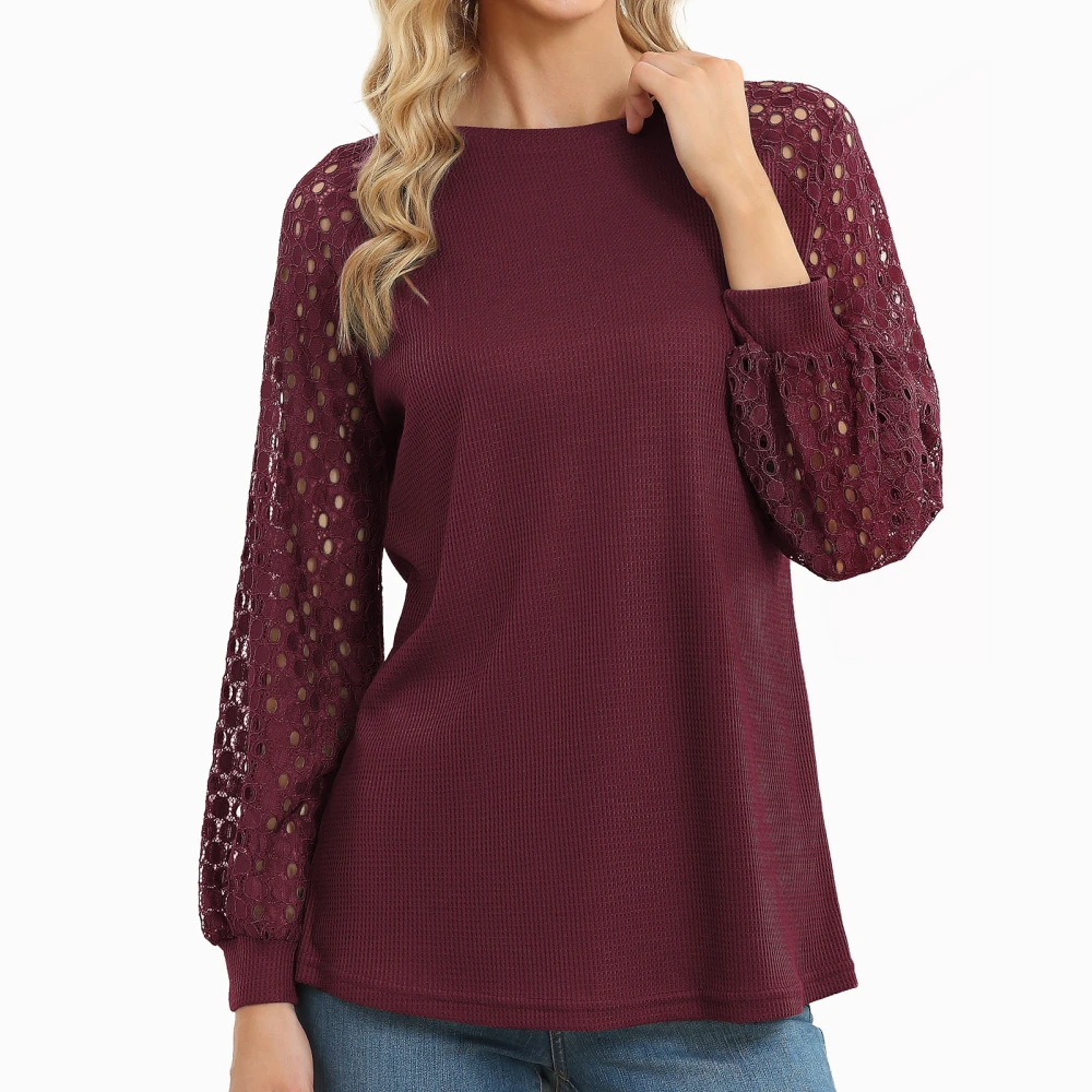 Hollow Lace Splicing Long Sleeve Shirt Women Fashionable Loose Casual Pure Color Crewneck Blouse Tops Burgundy XXL