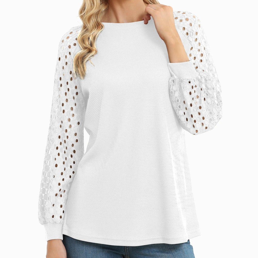 Hollow Lace Splicing Long Sleeve Shirt Women Fashionable Loose Casual Pure Color Crewneck Blouse Tops White S