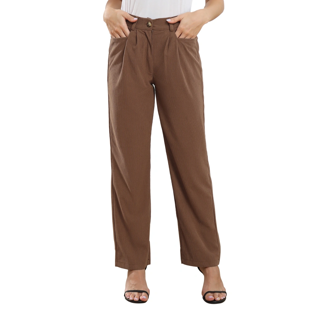 Women High Waisted Pants Loose Casual Elegant Pure Color Button Zip Closure Pleated Pants with Pocket Dark Coffee XL