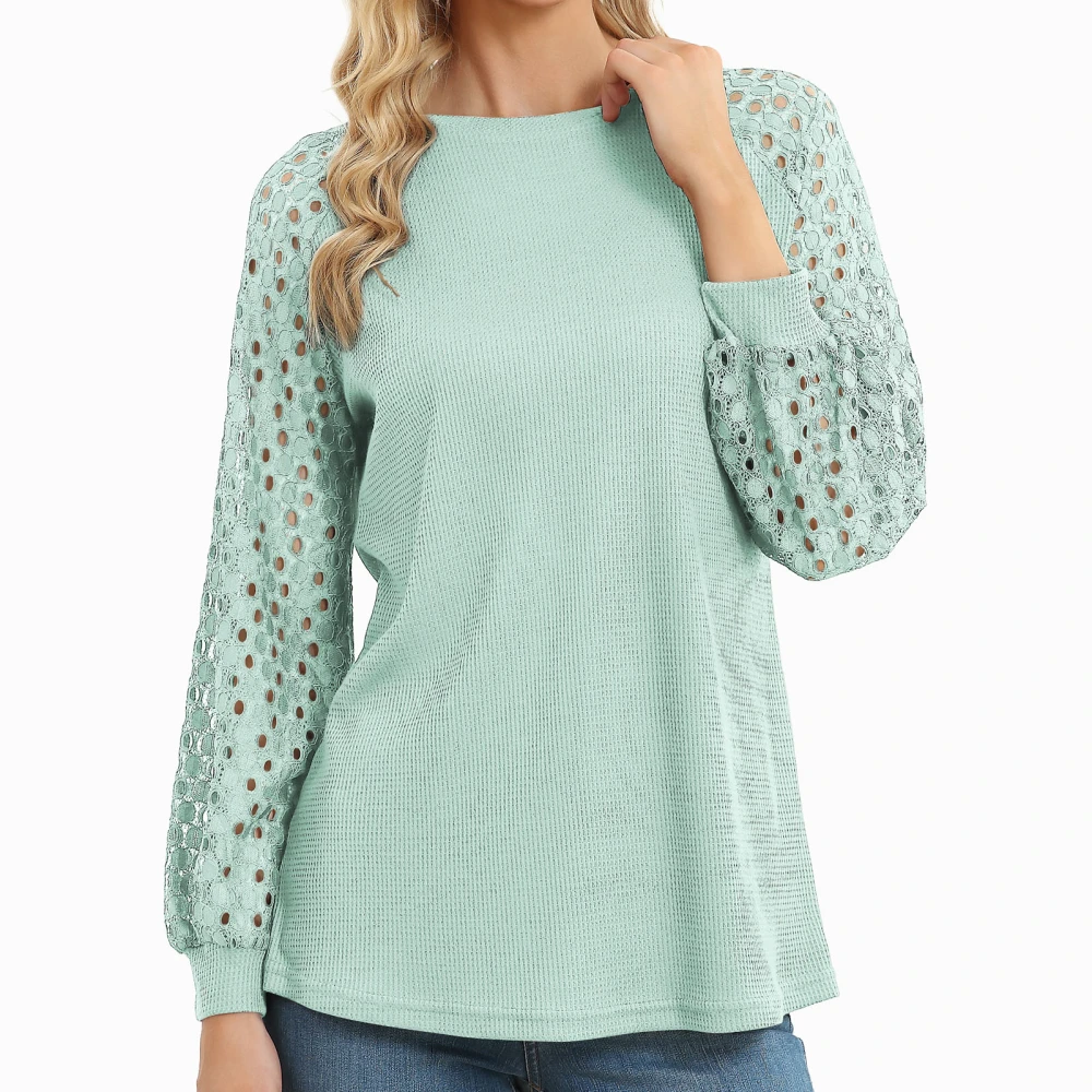 Hollow Lace Splicing Long Sleeve Shirt Women Fashionable Loose Casual Pure Color Crewneck Blouse Tops Mint Green XXL