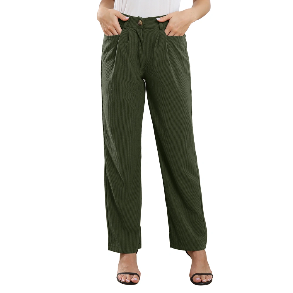 Women High Waisted Pants Loose Casual Elegant Pure Color Button Zip Closure Pleated Pants with Pocket OD Green L