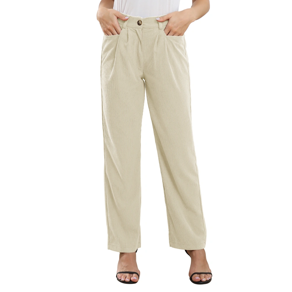 Women High Waisted Pants Loose Casual Elegant Pure Color Button Zip Closure Pleated Pants with Pocket Beige L