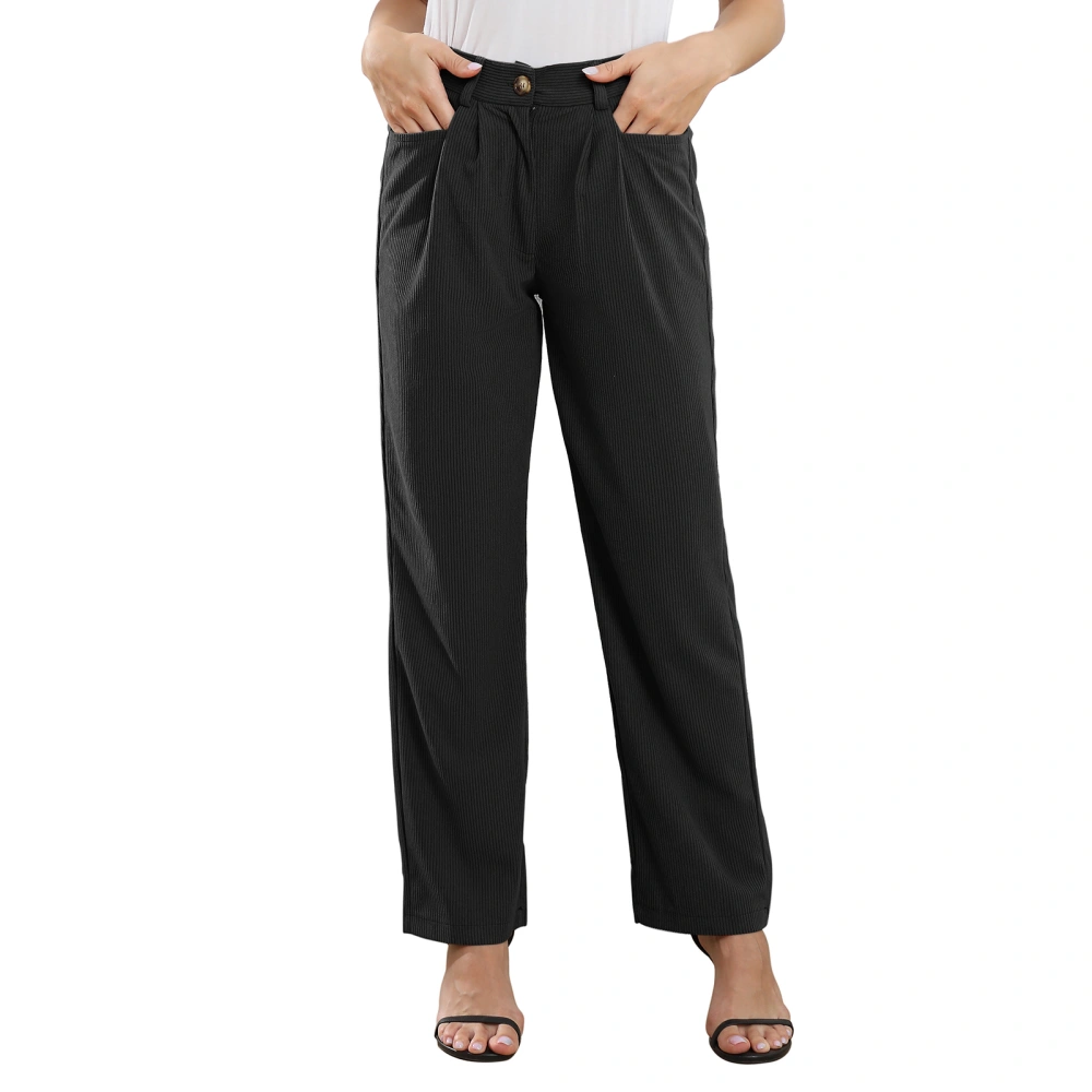 Women High Waisted Pants Loose Casual Elegant Pure Color Button Zip Closure Pleated Pants with Pocket Black XXL