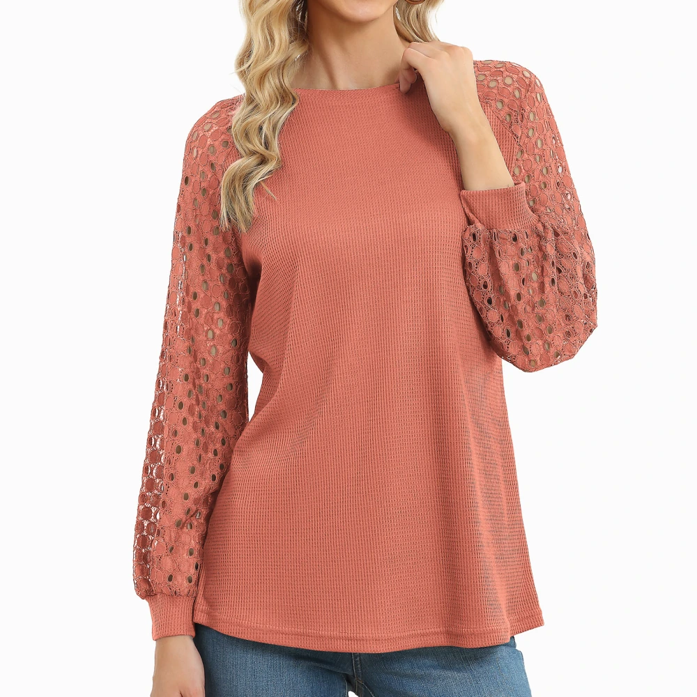 Hollow Lace Splicing Long Sleeve Shirt Women Fashionable Loose Casual Pure Color Crewneck Blouse Tops Watermelon Red XL