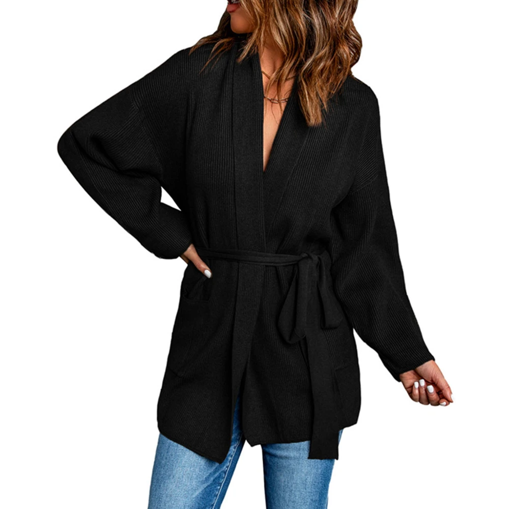 Women Tie Waist Sweater Long Sleeve Open Front Dropped Shoulder Pure Color Loose Women Cardigan Outwear with Pockets Black XXL