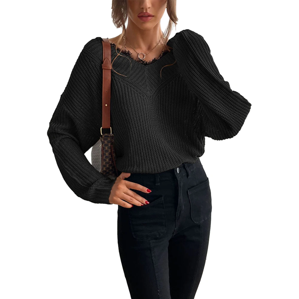 Pullover Sweater Loose V Neck Long Sleeve Single Color Lace Knitted Sweater for Women Black L