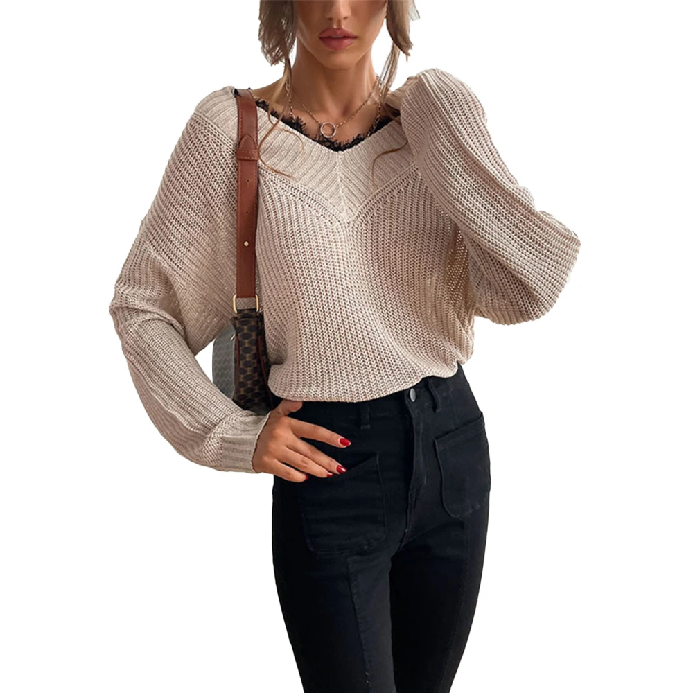 Pullover Sweater Loose V Neck Long Sleeve Single Color Lace Knitted Sweater for Women Apricot M