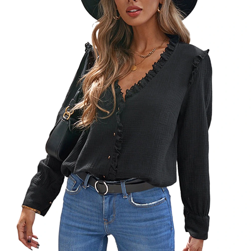 Women Top Lace Shirt Long Sleeve Pure Color Single Breasted V Neck Spring and Autumn Fit Black S