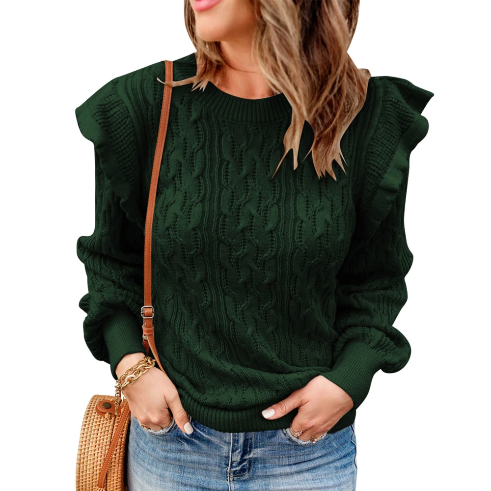 Pure Color Woman Sweater Round Neck Fashionable Thickened Ruffled Shoulder Loose Long Sleeve Female for Working Green L