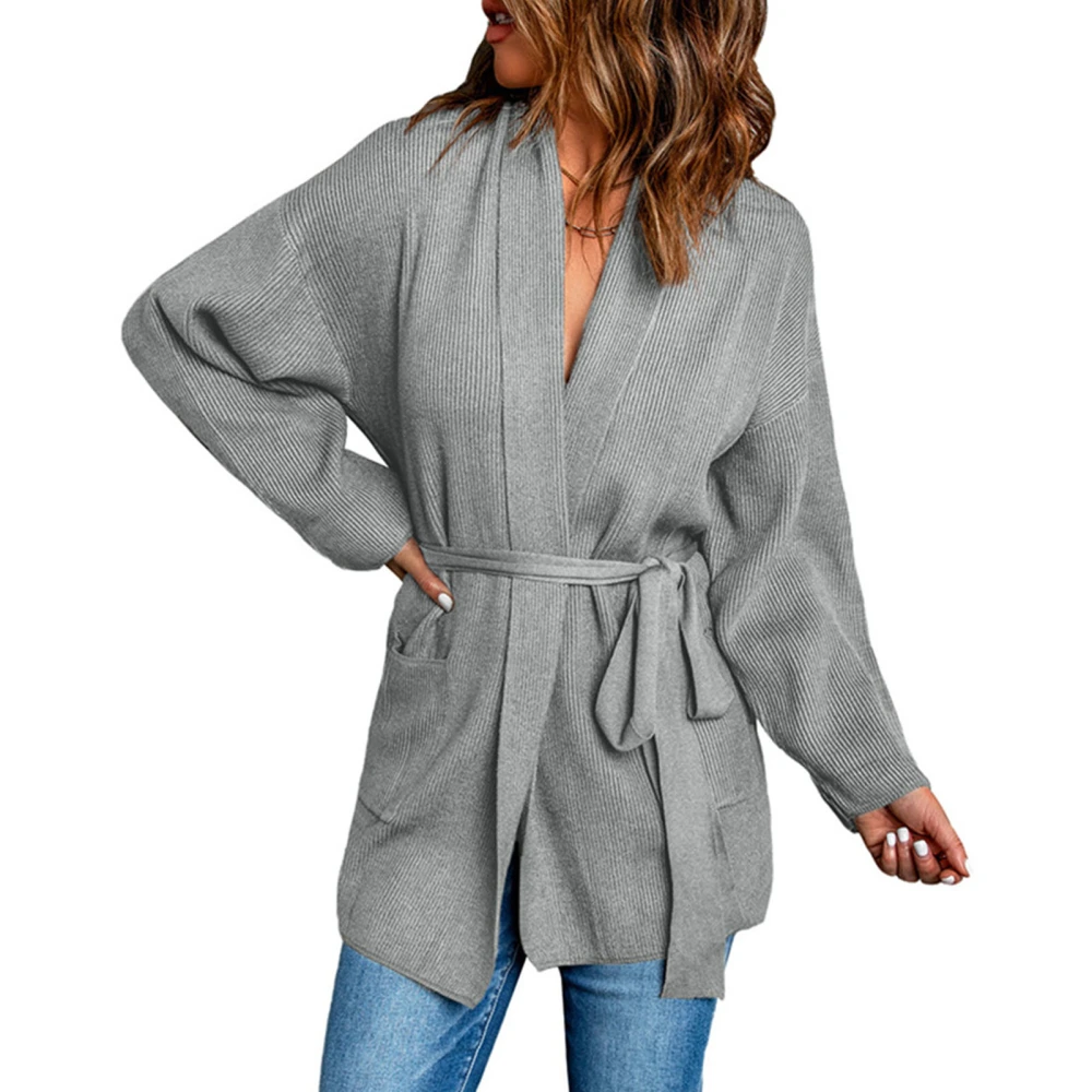 Women Tie Waist Sweater Long Sleeve Open Front Dropped Shoulder Pure Color Loose Women Cardigan Outwear with Pockets Grey S