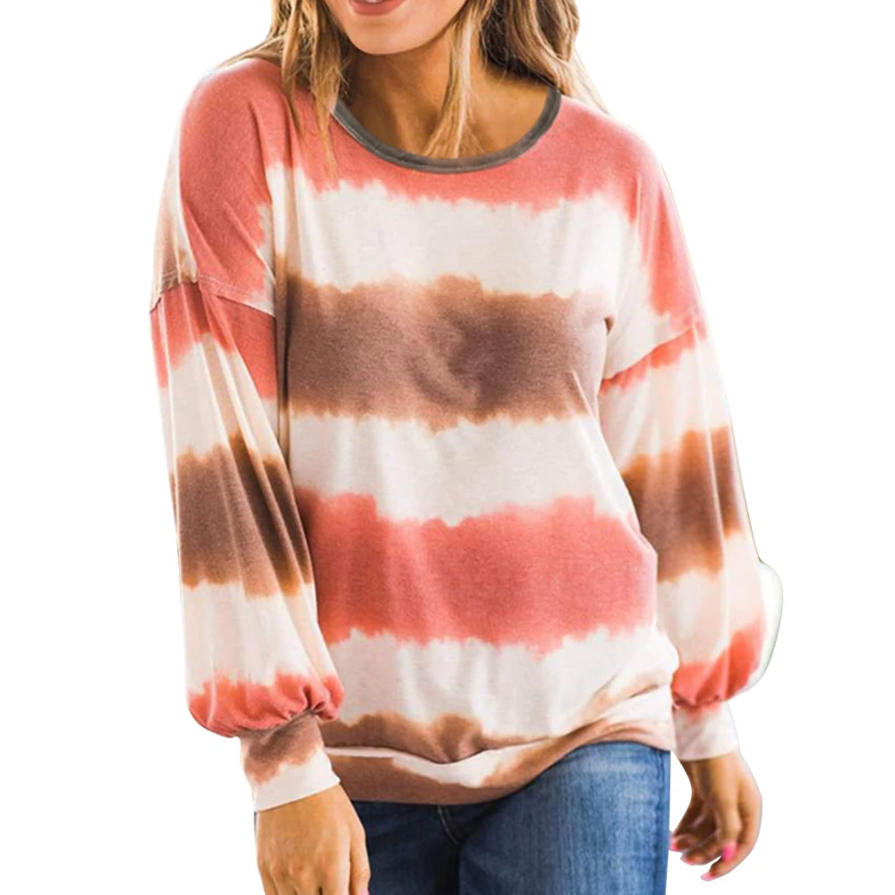 Women Long Sleeves Top Round Neck Large Stripe Print Dropped Shoulder Sleeves Loose Women Casual Top Orange M