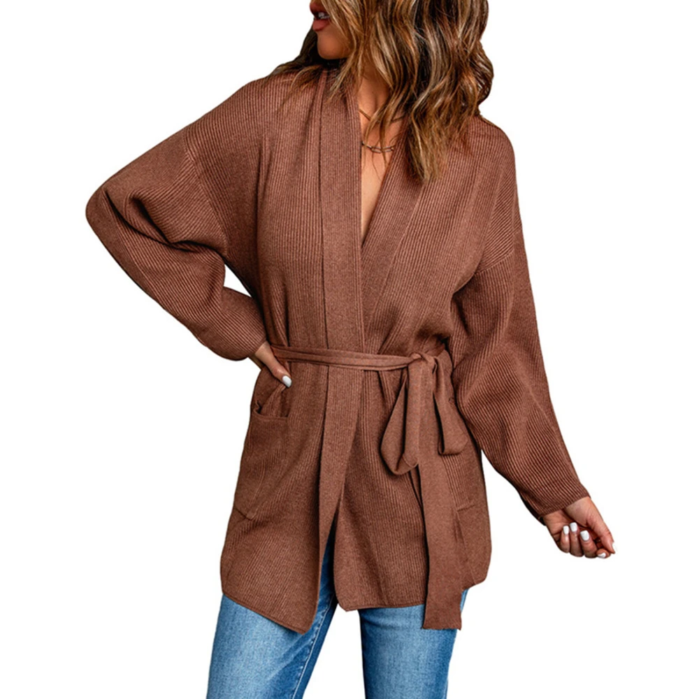 Women Tie Waist Sweater Long Sleeve Open Front Dropped Shoulder Pure Color Loose Women Cardigan Outwear with Pockets Light Brown XL