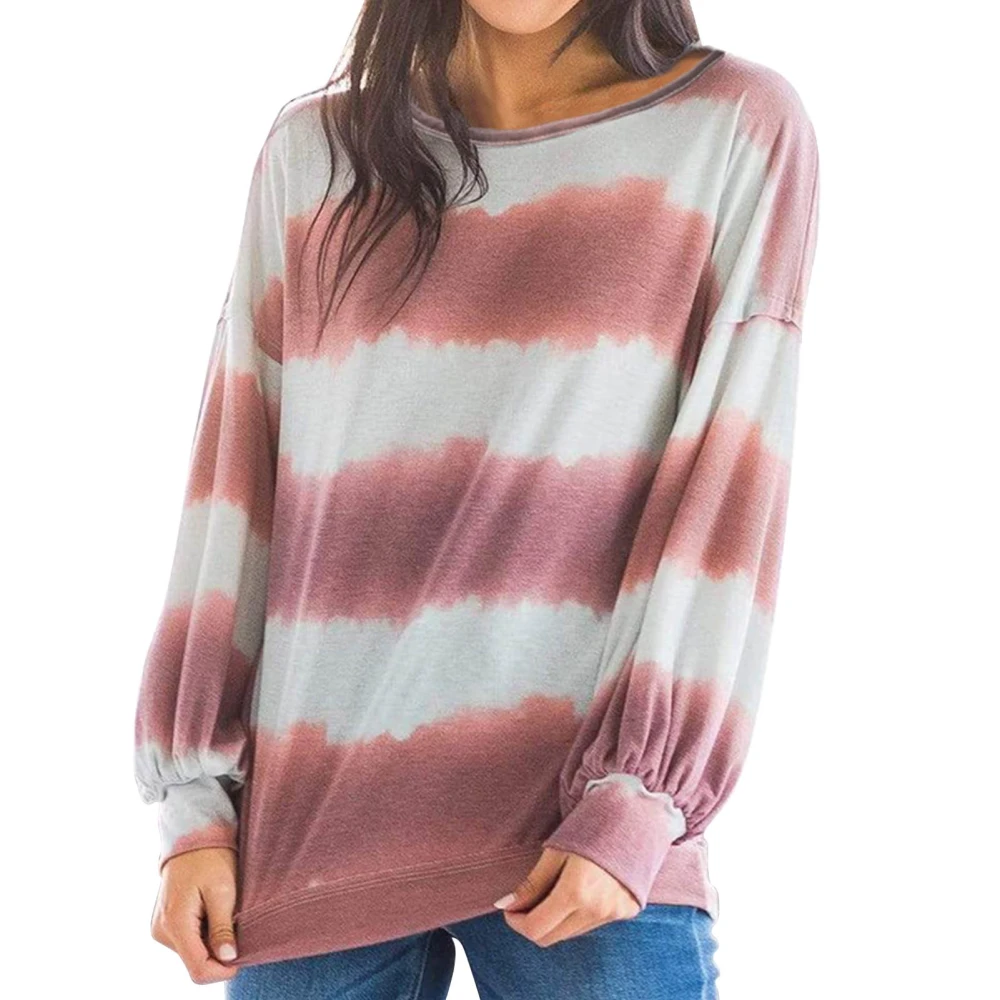 Women Long Sleeves Top Round Neck Large Stripe Print Dropped Shoulder Sleeves Loose Women Casual Top Purple L