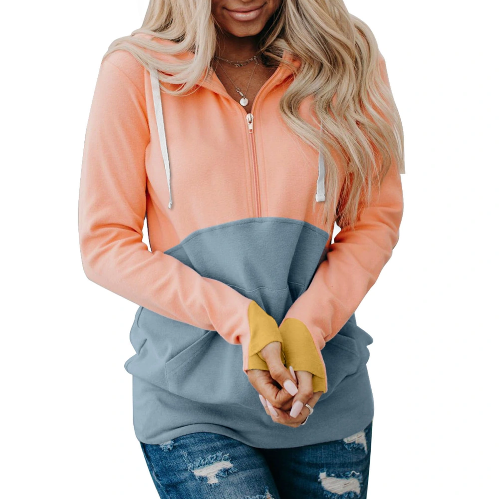 Women Colorblock Hoodie Pullover Tops Casual Long Sleeve Drawstring Zipper Sweatshirt with Pocket Skyblue XXL