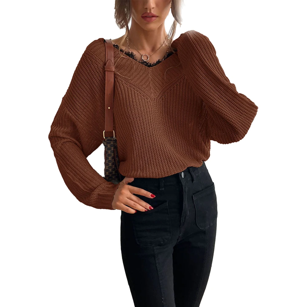 Pullover Sweater Loose V Neck Long Sleeve Single Color Lace Knitted Sweater for Women Brown L