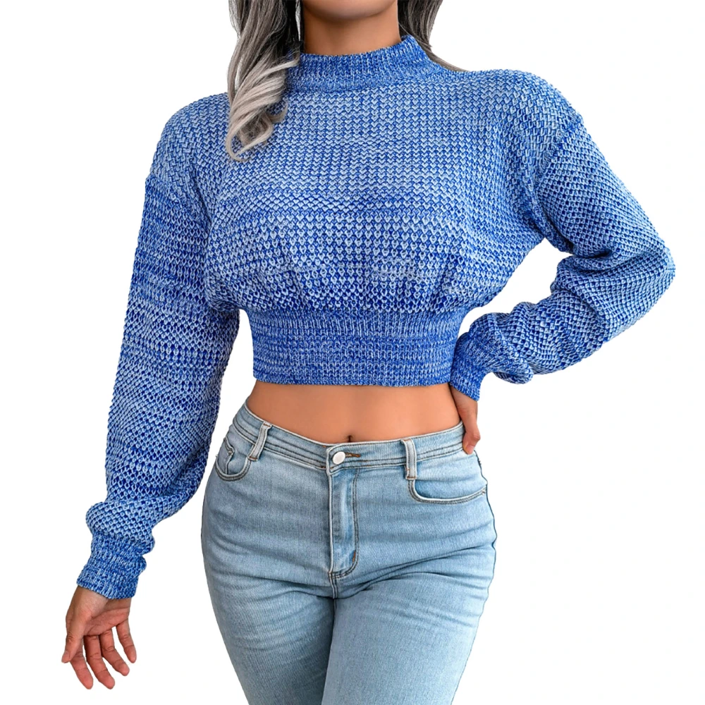 Pullover Solid Color Long Sleeve Comfortable Simple Cinched Hem Crop Chunky Sweater Blue M