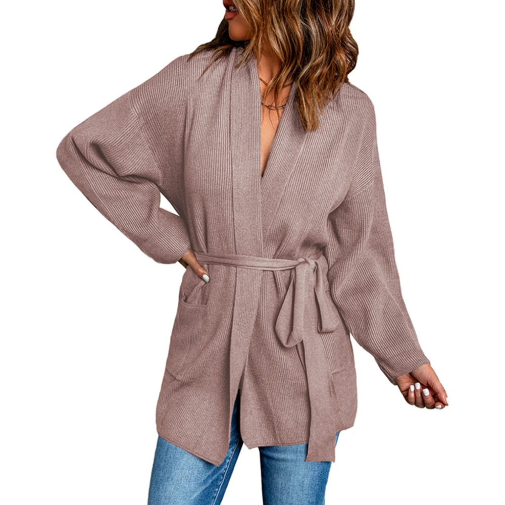 Women Tie Waist Sweater Long Sleeve Open Front Dropped Shoulder Pure Color Loose Women Cardigan Outwear with Pockets Pink XXL