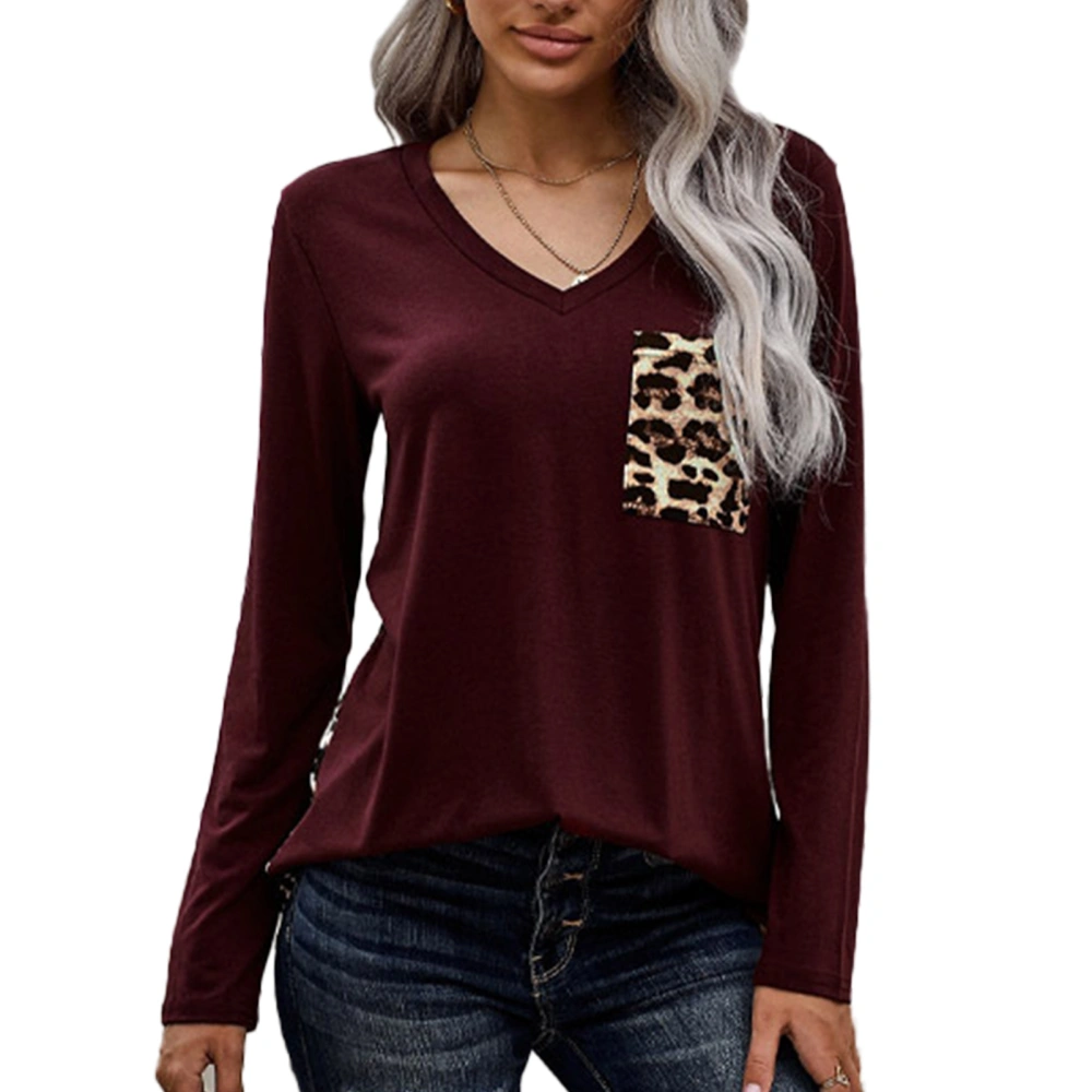 V Neck Shirt Autumn Winter Leopard Printed Splicing Chest Pocket Long Sleeve Casual Women Top for Daily Red M