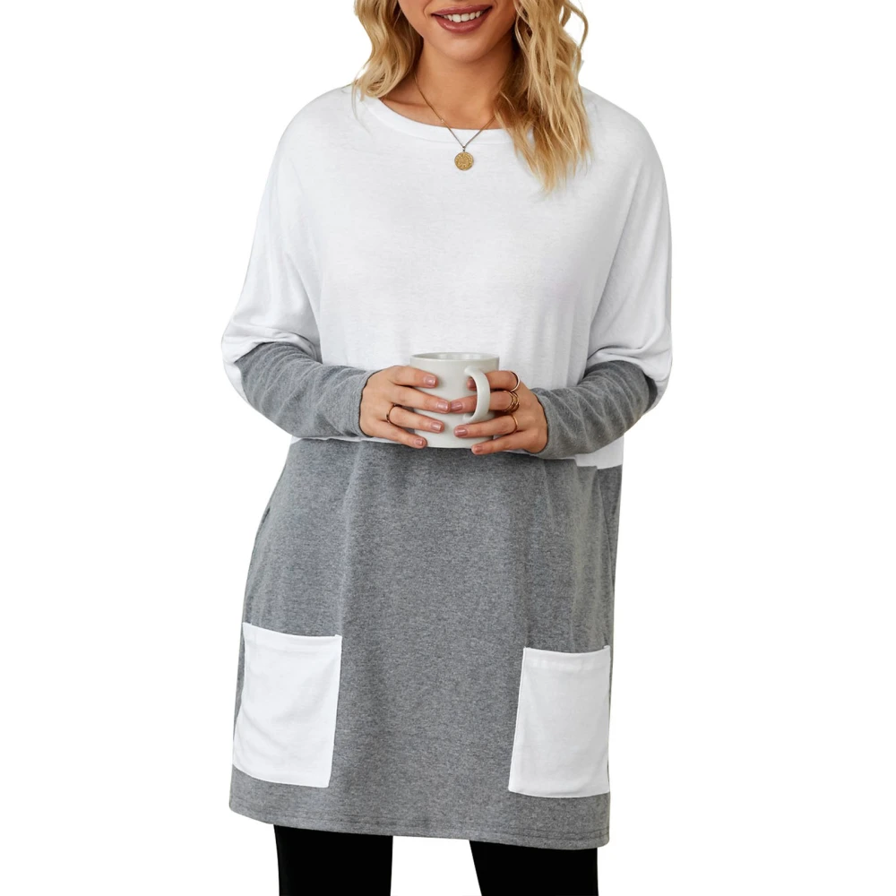 Women Sweatshirt with Pockets Polyester Long Sleeve Crew Neck Casual Top for Spring and Summer Grey XXL