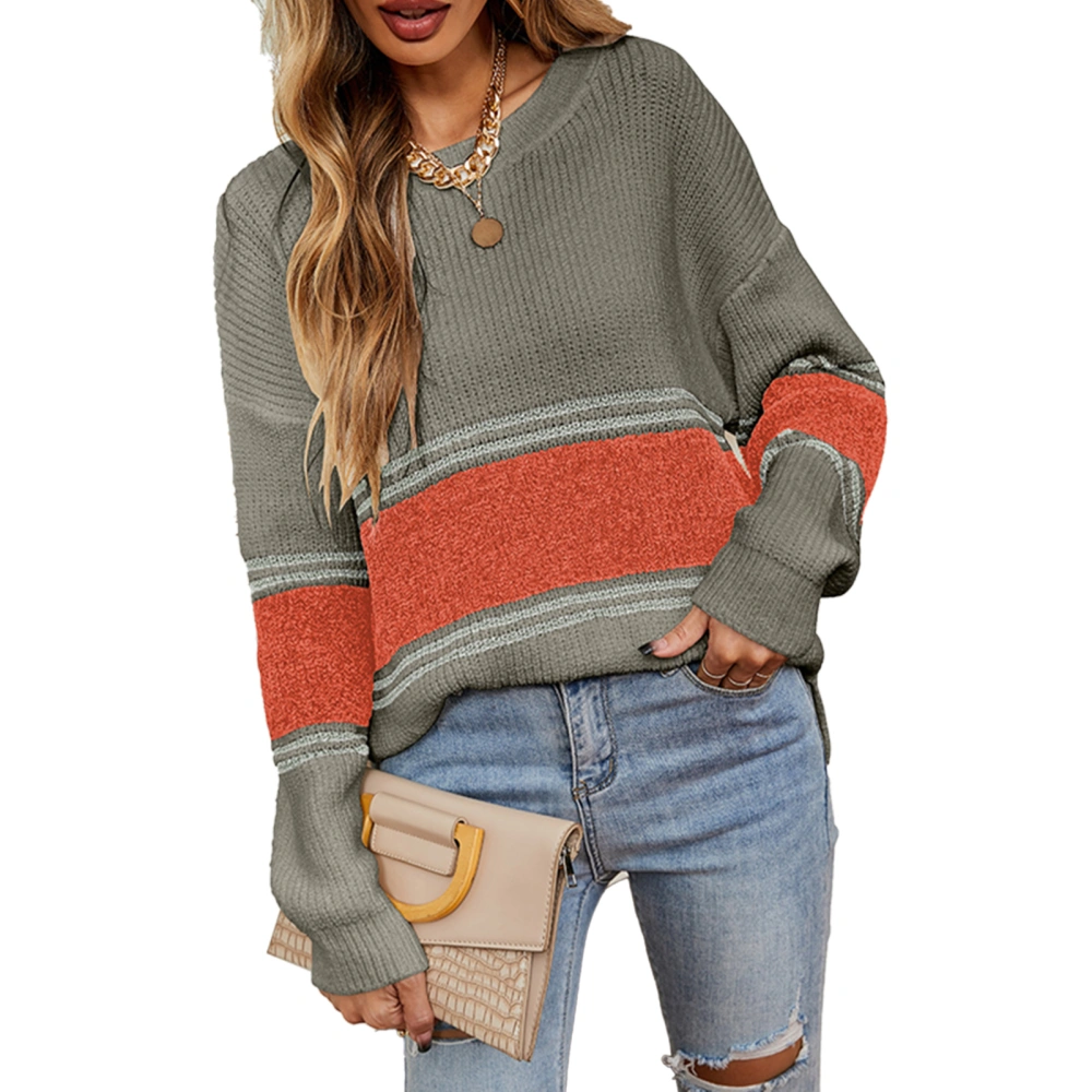 Women Casual Knit Sweater Long Sleeve Color Block Knit Pullover Loose Fit Women Casual Jumper Top for Fall Winter Gray XL