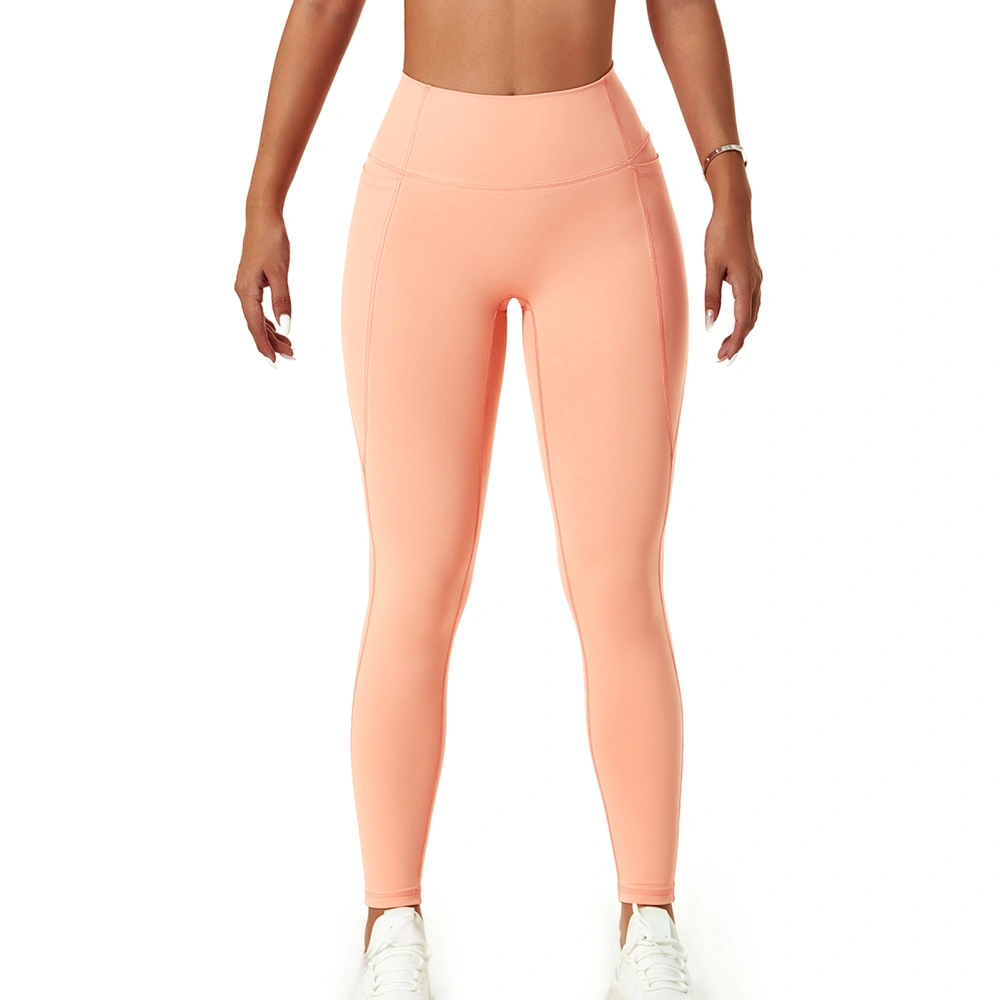 Yoga Leggings Side Pocket Workout High Waist Tummy Control Tight Running Yoga Pants Light Orange S