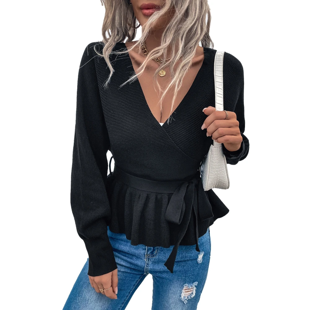 Women V Neck Long Sleeve Sweater Fashionable Casual Low Cut Bind Waist Back Hollow Out Women Autumn Winter Sweater Top Black XL