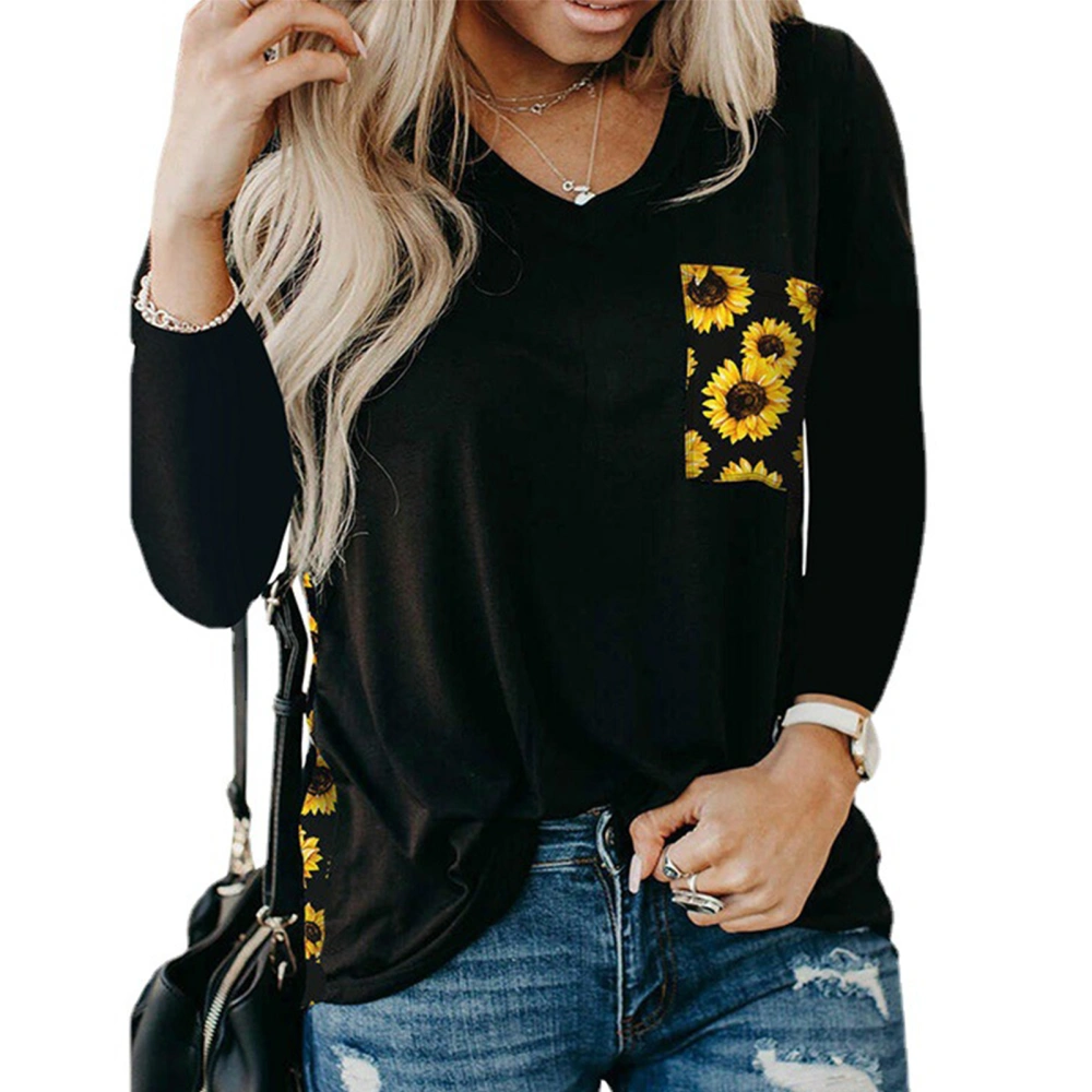 V Neck Shirt Autumn Winter Leopard Printed Splicing Chest Pocket Long Sleeve Casual Women Top for Daily Yellow XXL