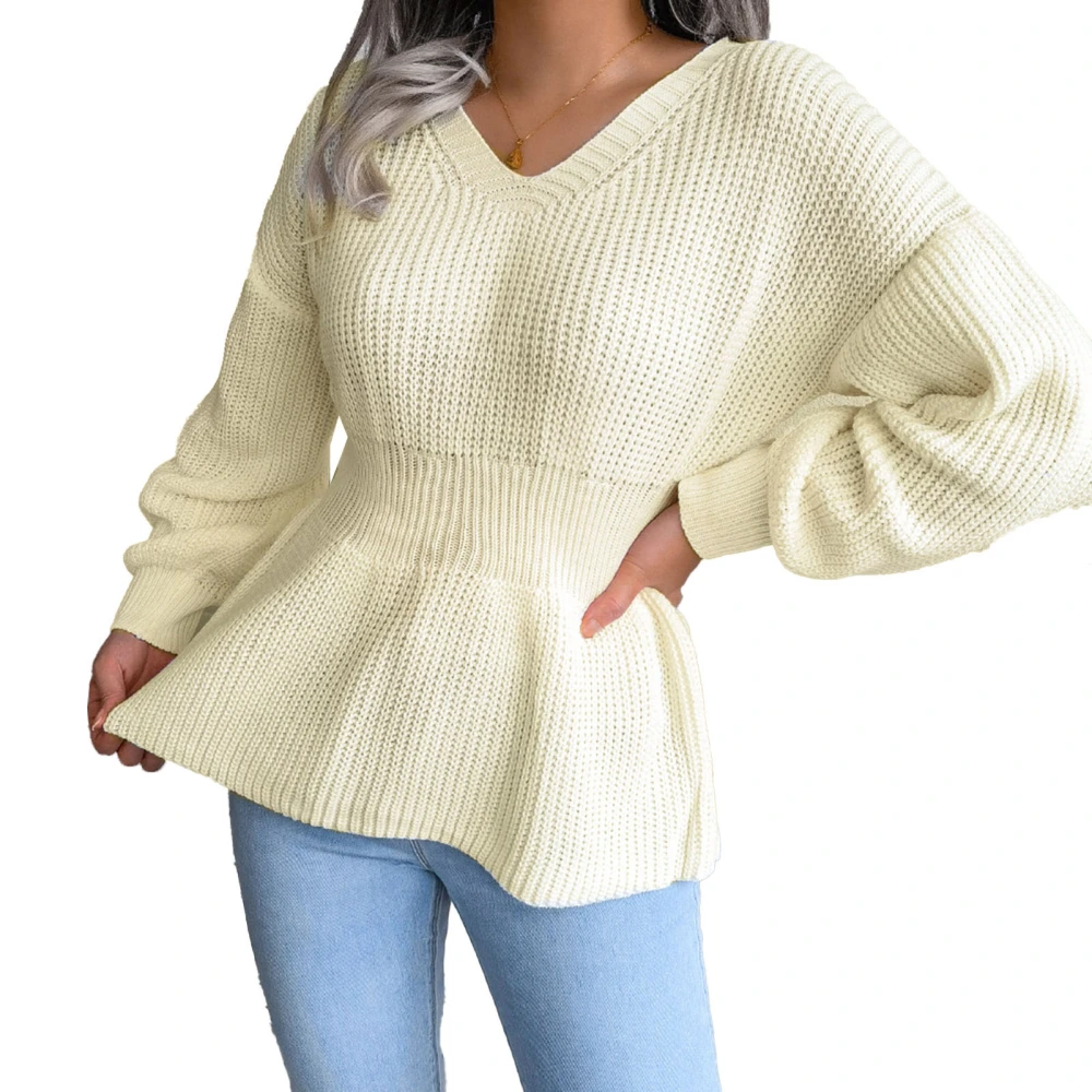 Women Autumn Winter Knitted Sweater Top Lantern Sleeve V Neck Tight Waist Hem Ruffle Top White L