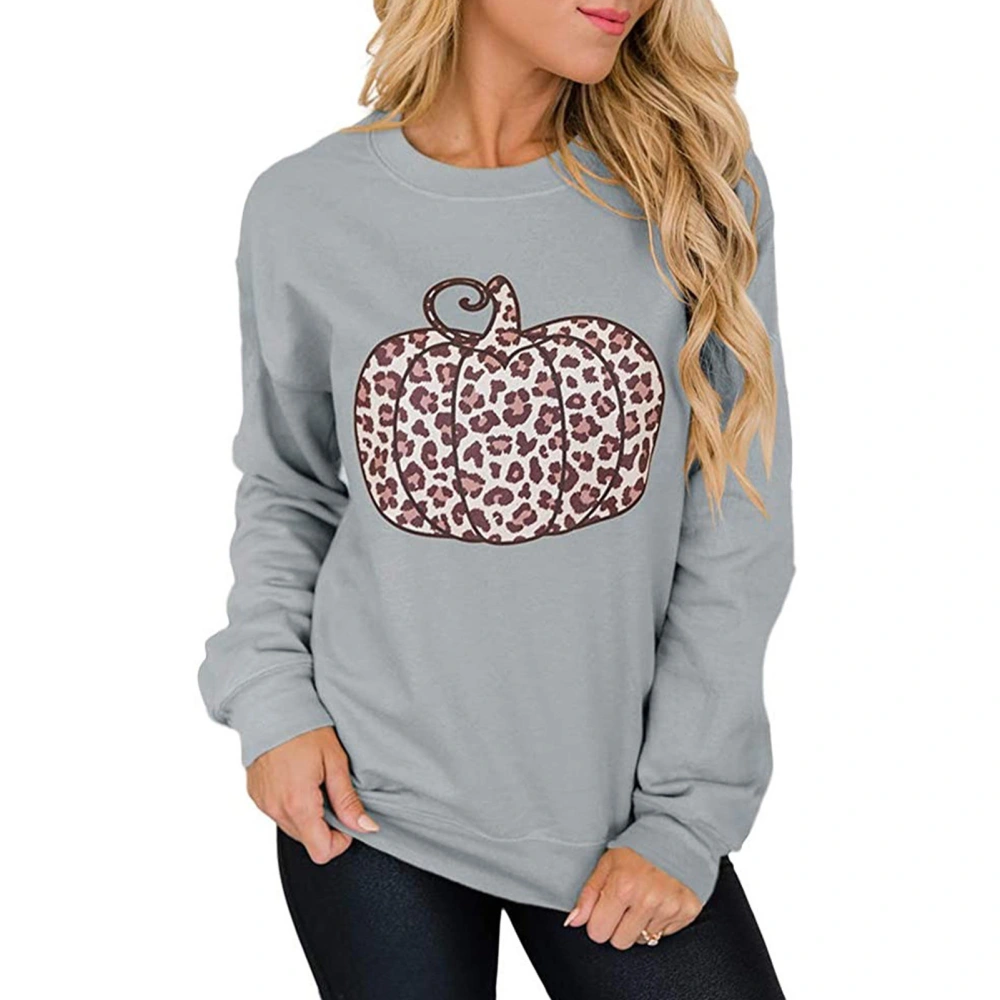 Women Halloween Leopard Print Pumpkin Sweatshirt Crewneck Long Sleeve Women Halloween Pullover Grey M