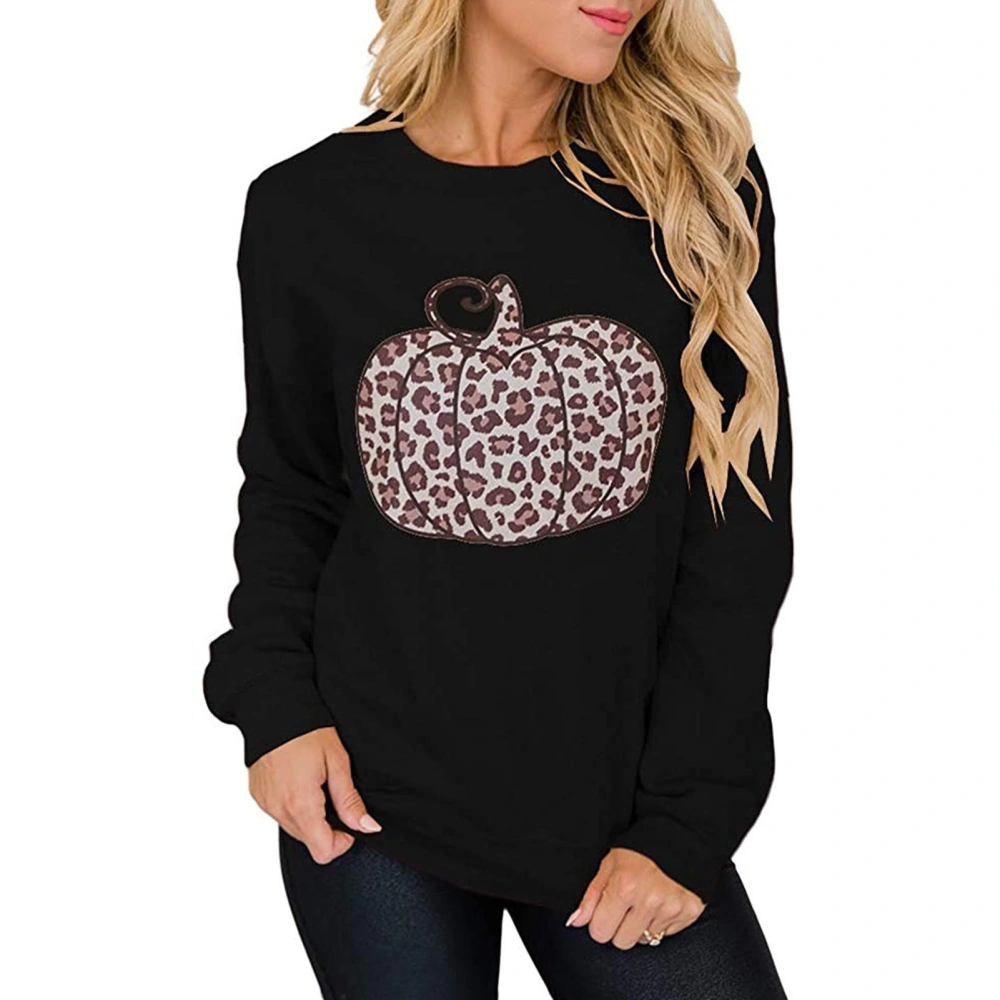 Women Halloween Leopard Print Pumpkin Sweatshirt Crewneck Long Sleeve Women Halloween Pullover Black XL