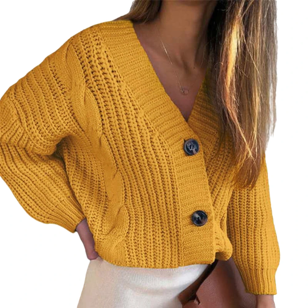 Women Sweater Outwear Button Down Pure Color Thick Loose Fit Lady Front Open Sweater for Fall Winter Yellow S