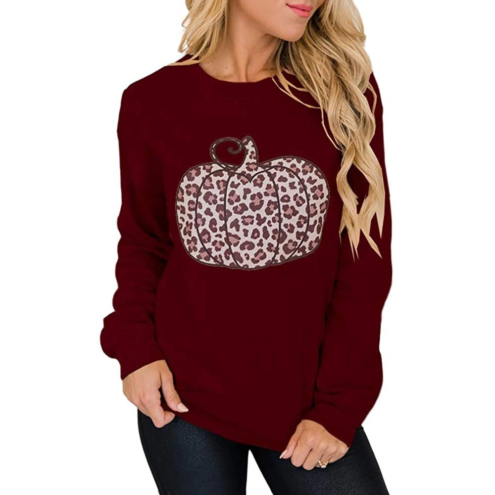 Women Halloween Leopard Print Pumpkin Sweatshirt Crewneck Long Sleeve Women Halloween Pullover Wine Red S