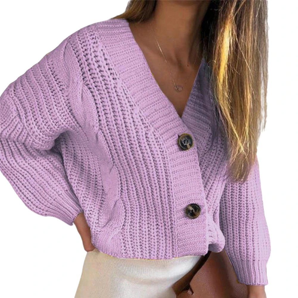 Women Sweater Outwear Button Down Pure Color Thick Loose Fit Lady Front Open Sweater for Fall Winter Purple L