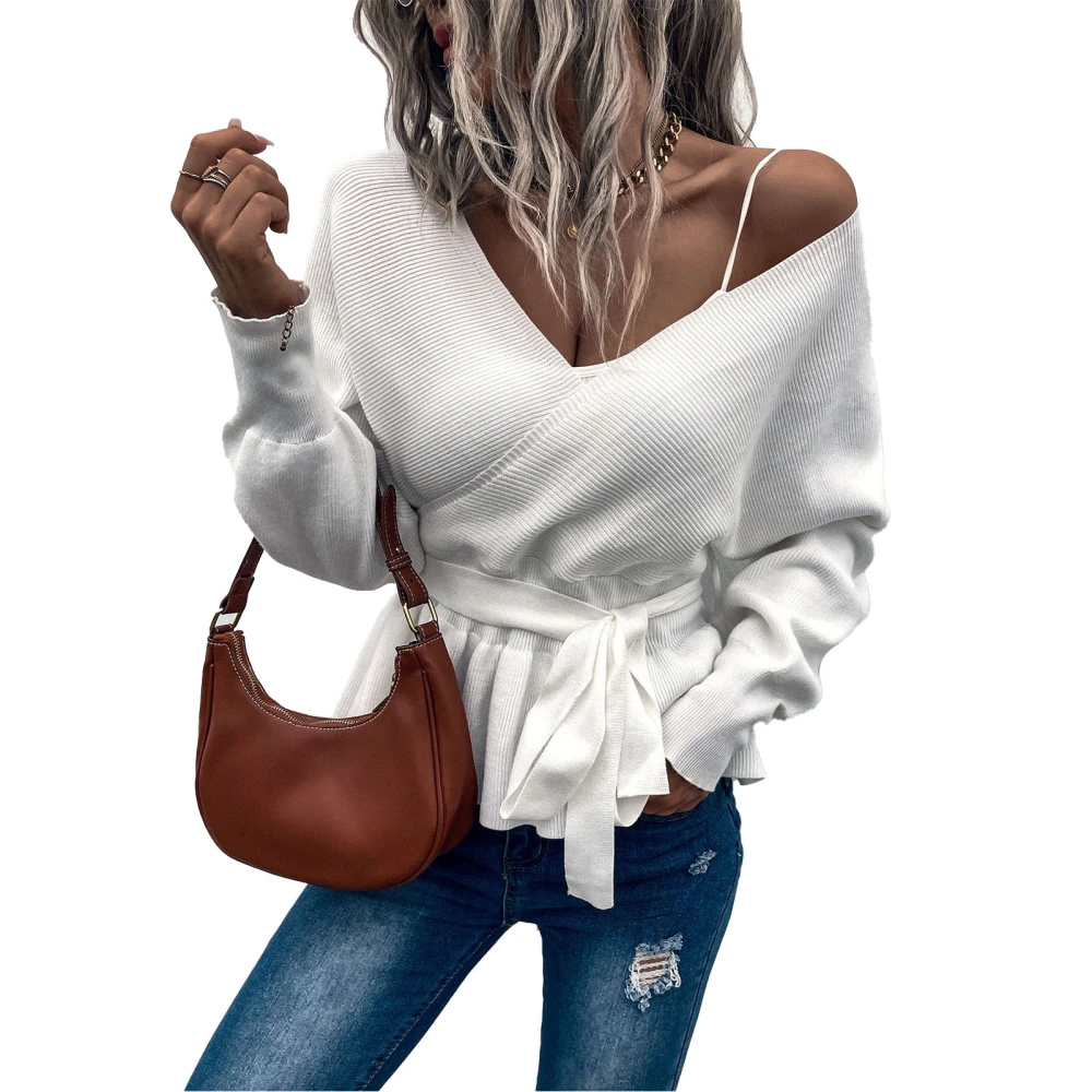 Women V Neck Long Sleeve Sweater Fashionable Casual Low Cut Bind Waist Back Hollow Out Women Autumn Winter Sweater Top White XL