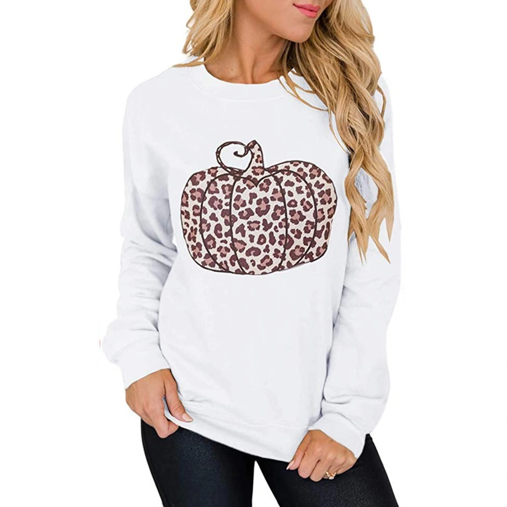 Women Halloween Leopard Print Pumpkin Sweatshirt Crewneck Long Sleeve Women Halloween Pullover White S