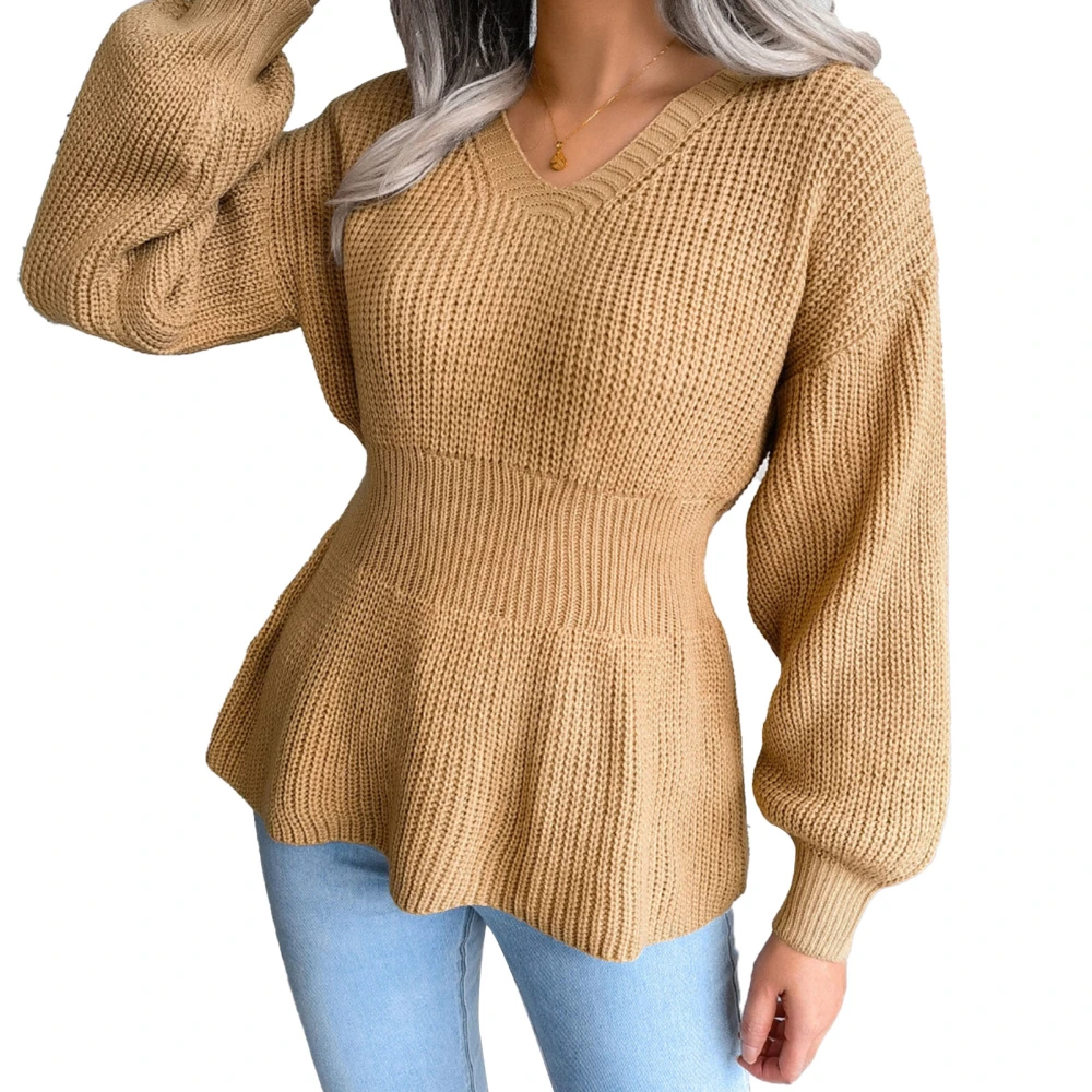 Women Autumn Winter Knitted Sweater Top Lantern Sleeve V Neck Tight Waist Hem Ruffle Top Khaki S