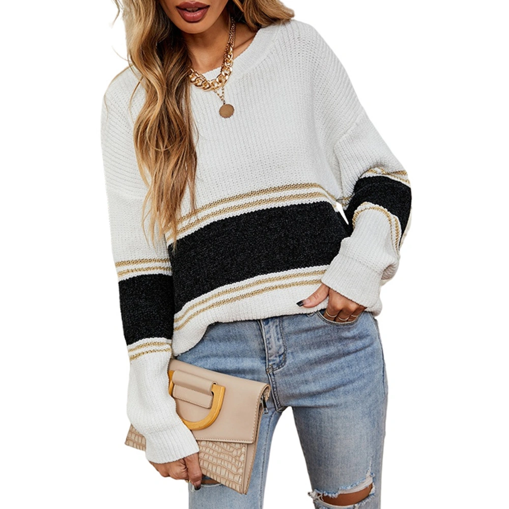 Women Casual Knit Sweater Long Sleeve Color Block Knit Pullover Loose Fit Women Casual Jumper Top for Fall Winter White L