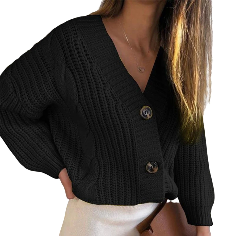 Women Sweater Outwear Button Down Pure Color Thick Loose Fit Lady Front Open Sweater for Fall Winter Black S