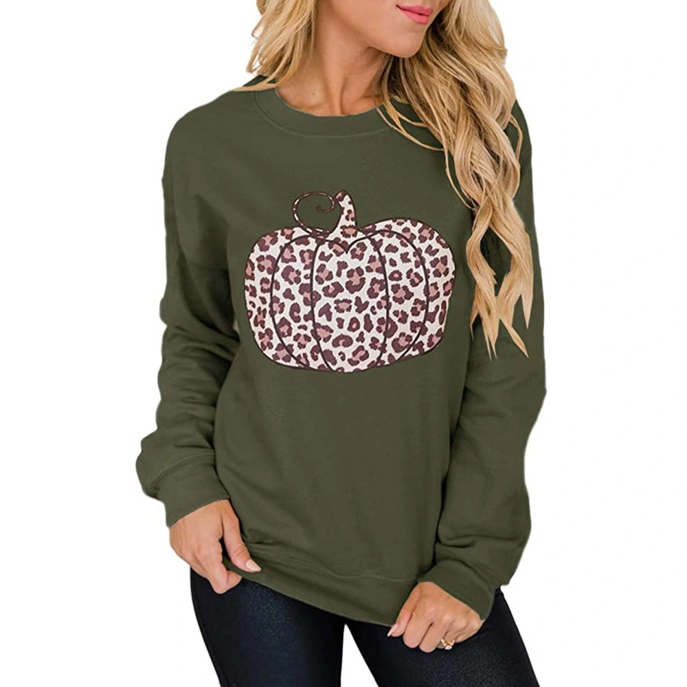 Women Halloween Leopard Print Pumpkin Sweatshirt Crewneck Long Sleeve Women Halloween Pullover OD Green M