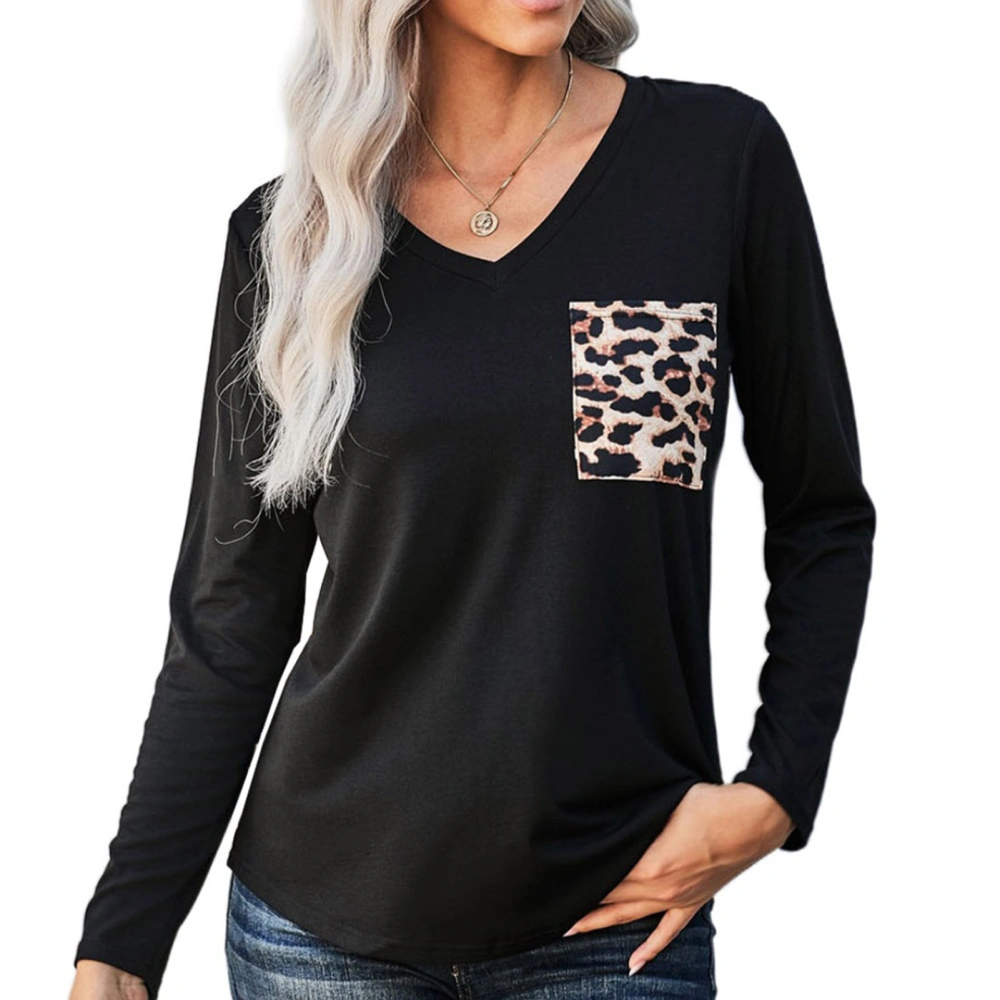 V Neck Shirt Autumn Winter Leopard Printed Splicing Chest Pocket Long Sleeve Casual Women Top for Daily Black L