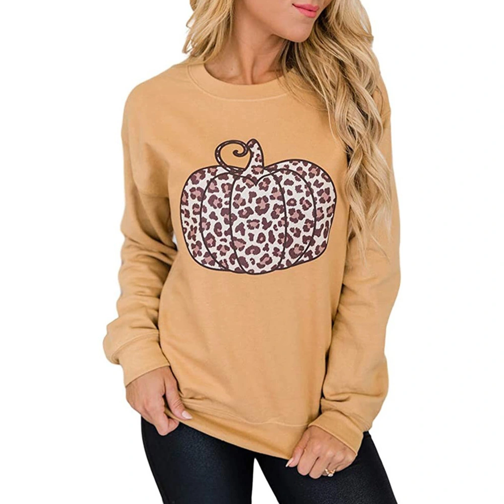 Women Halloween Leopard Print Pumpkin Sweatshirt Crewneck Long Sleeve Women Halloween Pullover Apricot S